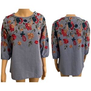 Kindred Women’s Small Embroidered 3/4 Sleeve Blue Blouse